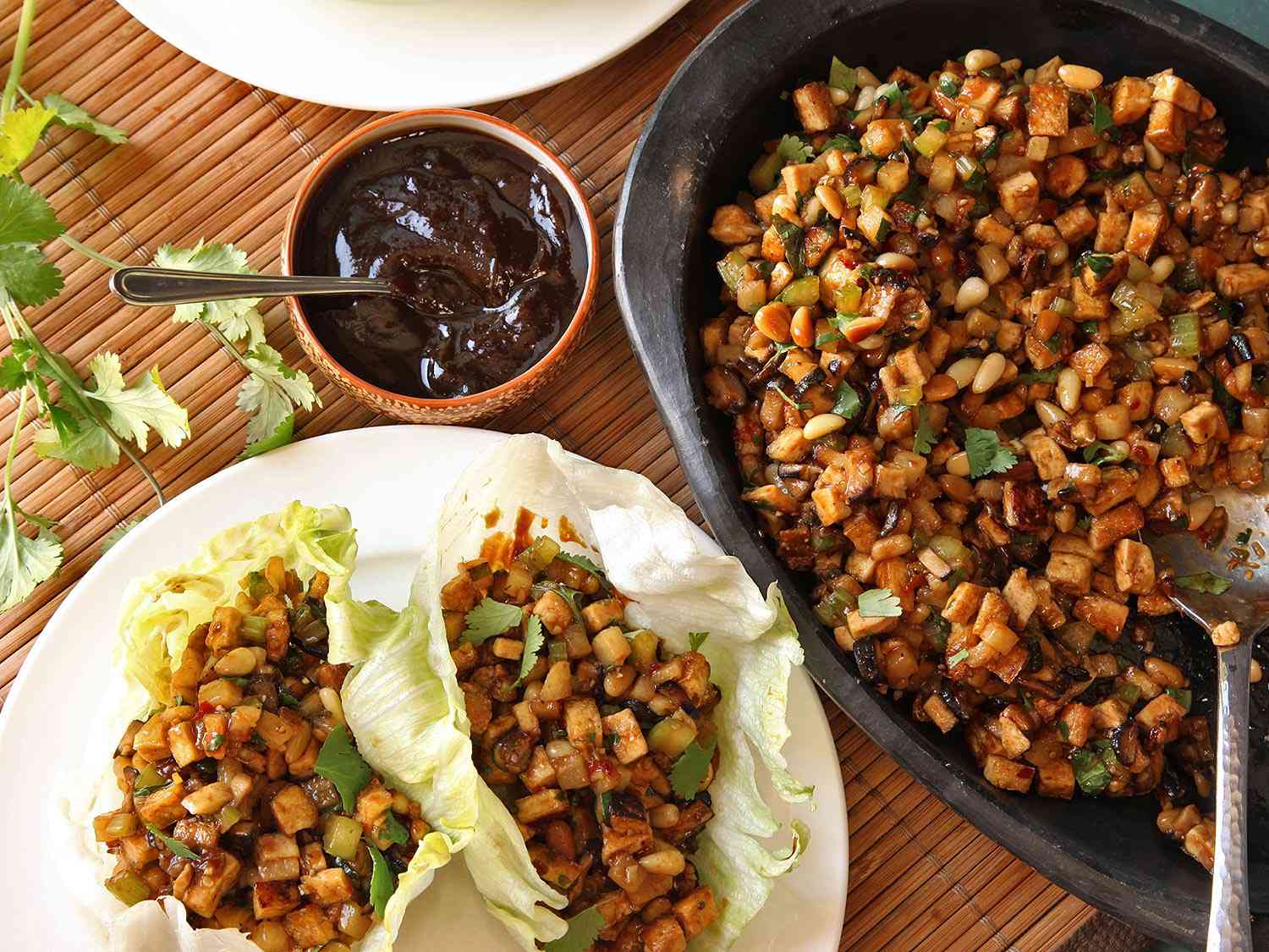 Vegan San Choi Bao Crisp Lettuce Cups with Tofu, Pine Nuts, and Jicama