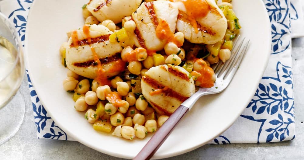 Cumin-Grilled Sea Scallops Over Chickpea Salad with Red Pepper-Tahini Vinaigrette