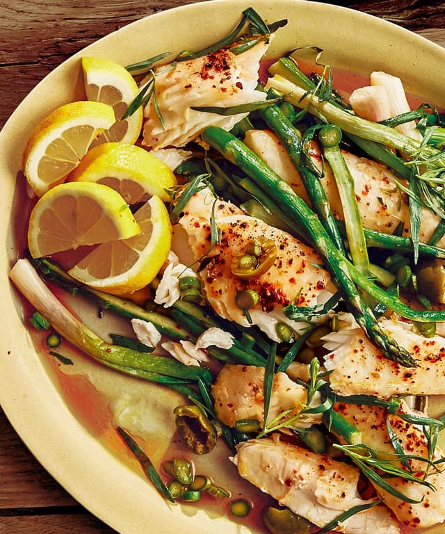 Grilled Halibut with BBQ Butter & Asparagus