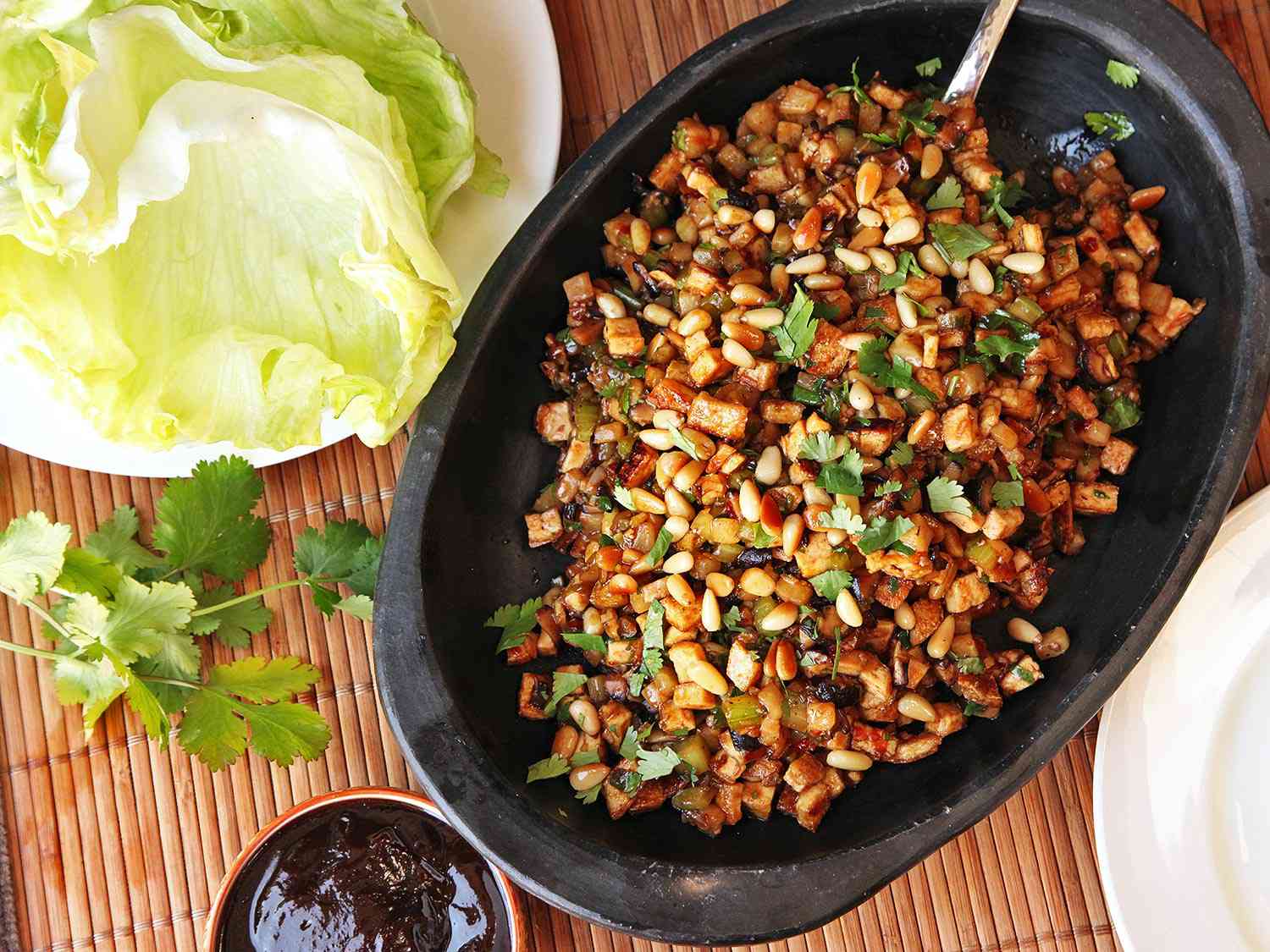 Vegan San Choi Bao Crisp Lettuce Cups with Tofu, Pine Nuts, and Jicama