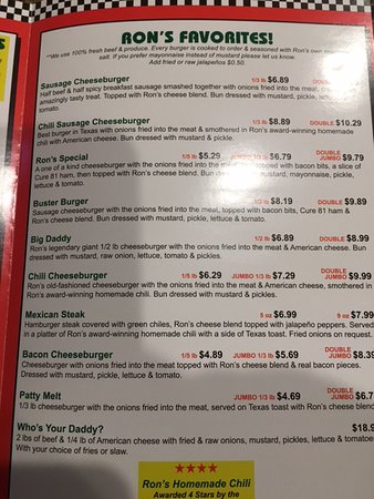 ron's hamburgers and chili menu