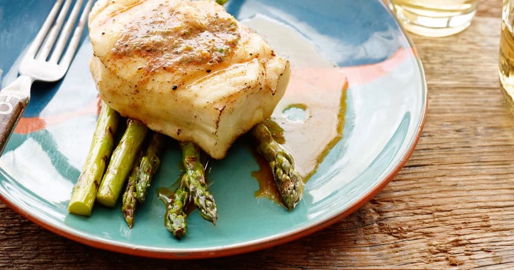 Grilled Halibut with BBQ Butter & Asparagus