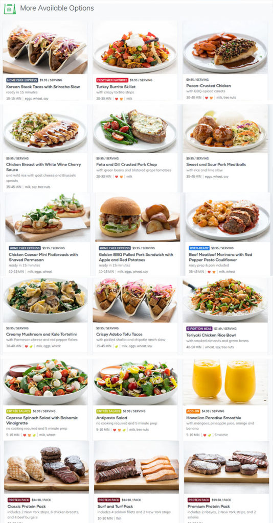 home chef meals list