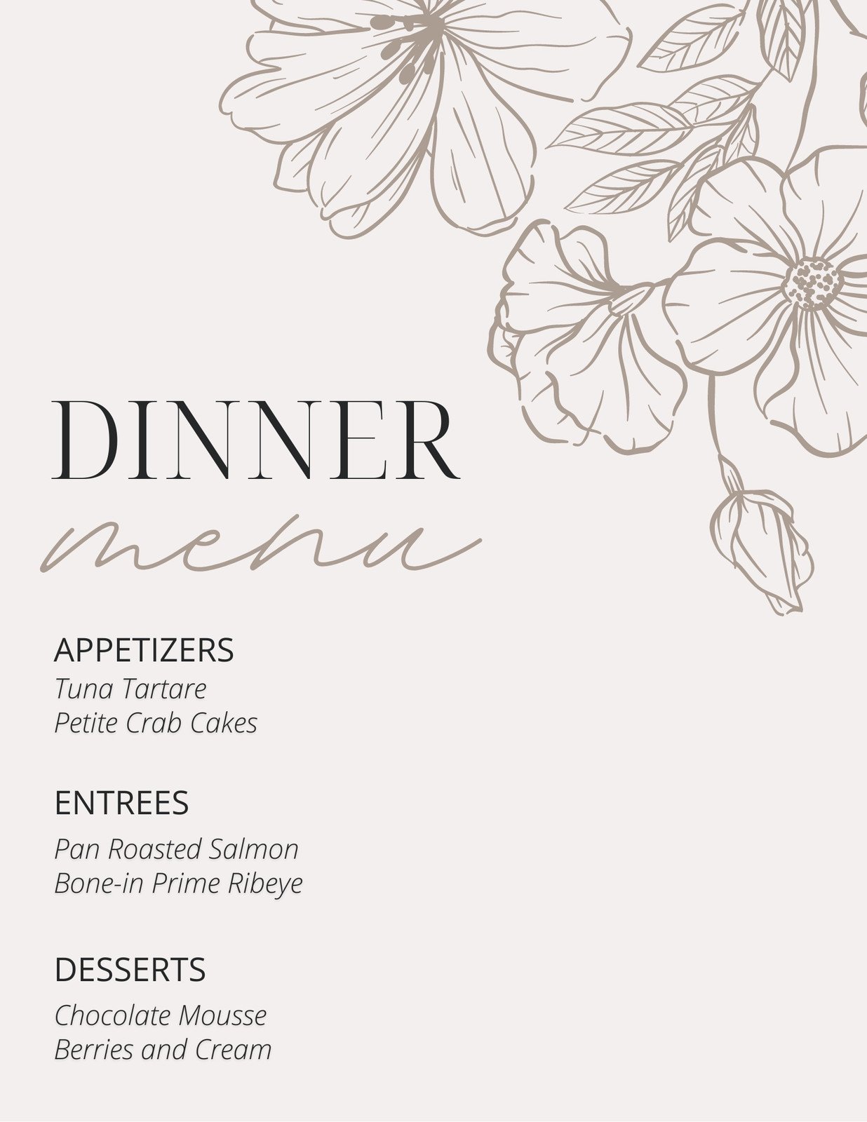 example of dinner menu