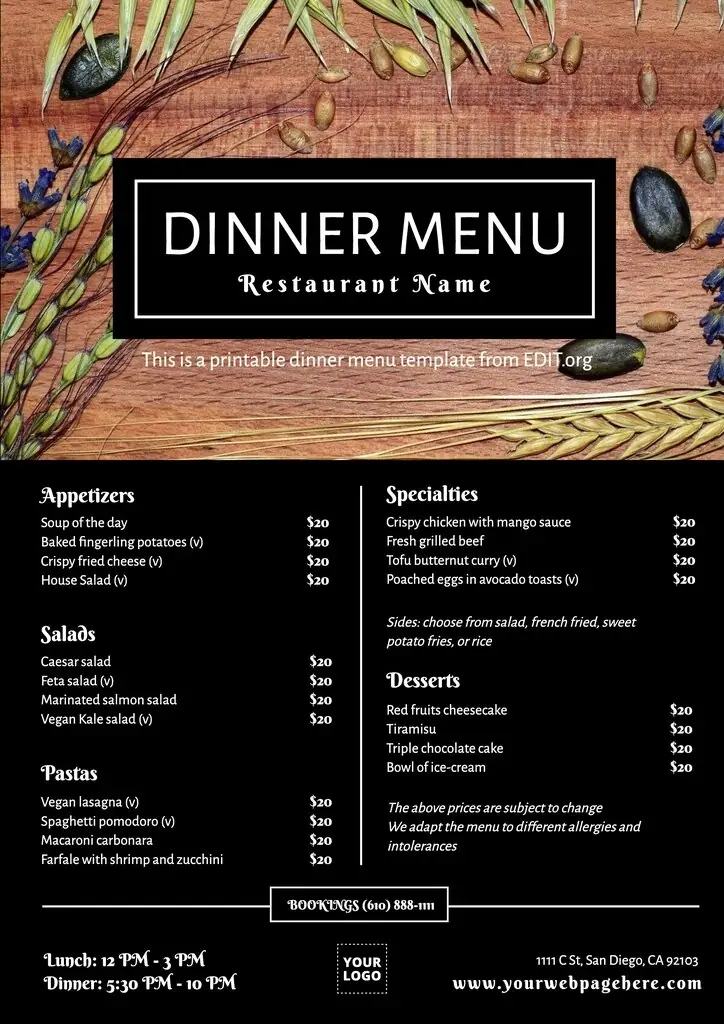 example of dinner menu